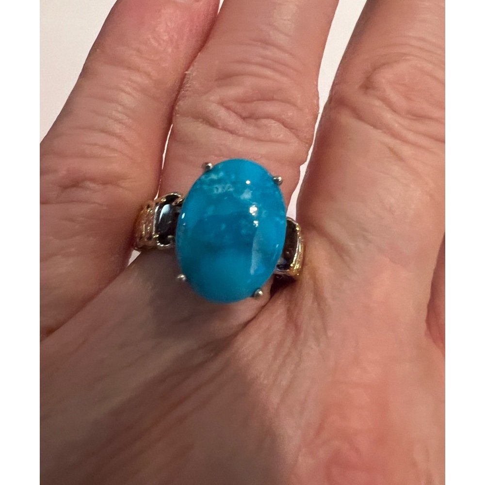 Kingman  10mm x 14mm Turquoise ring with garnet accent stones